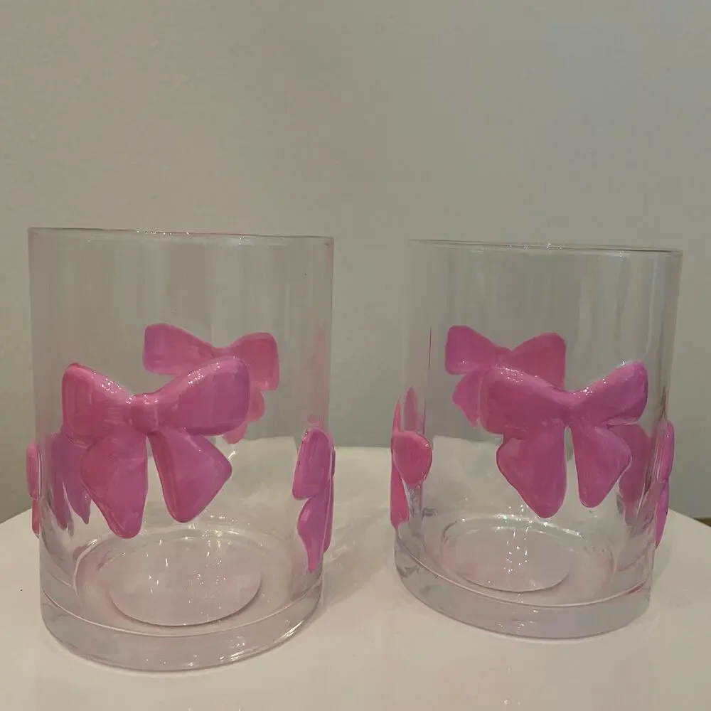 VIRAL Pink Bow Embossed Glass Clear Tumbler Cups Set of 2 NEW